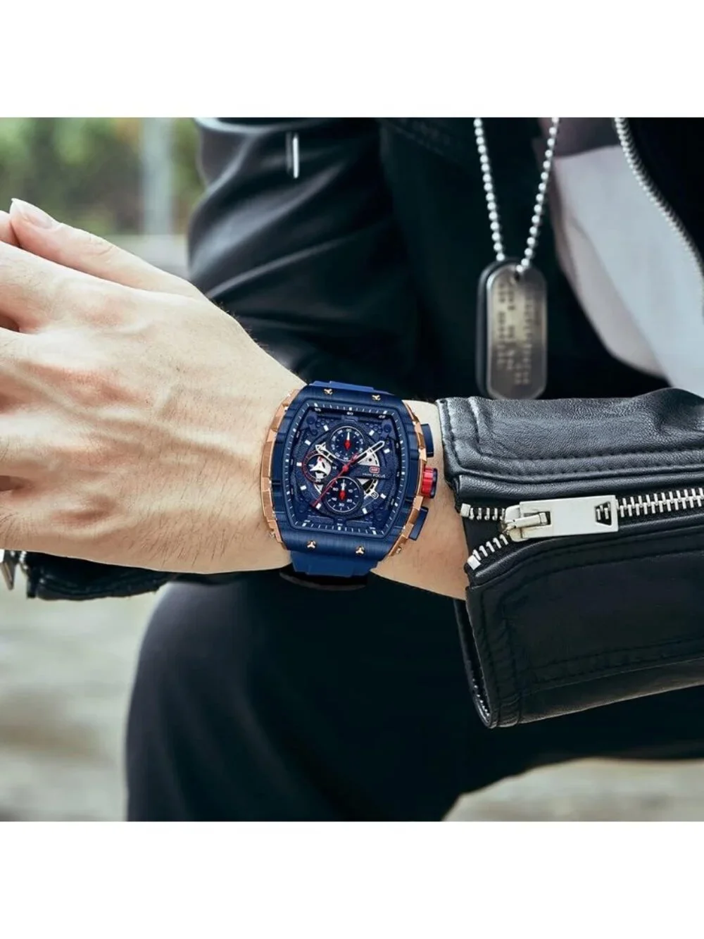 Men's Blue Silicon Strap Quartz Chronograph Waterproof Luminous Tonneau Watch